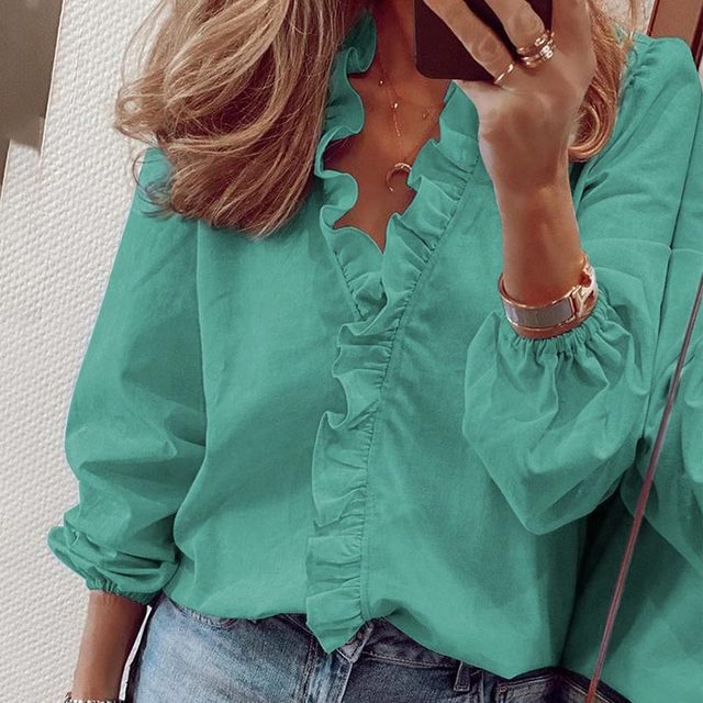 Elegant ruffle v-neck long-sleeve blouse