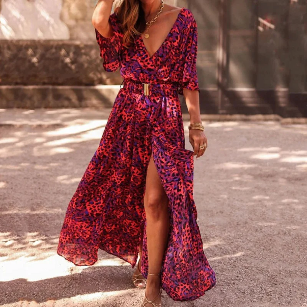 Long maxi wrap dress with floral print