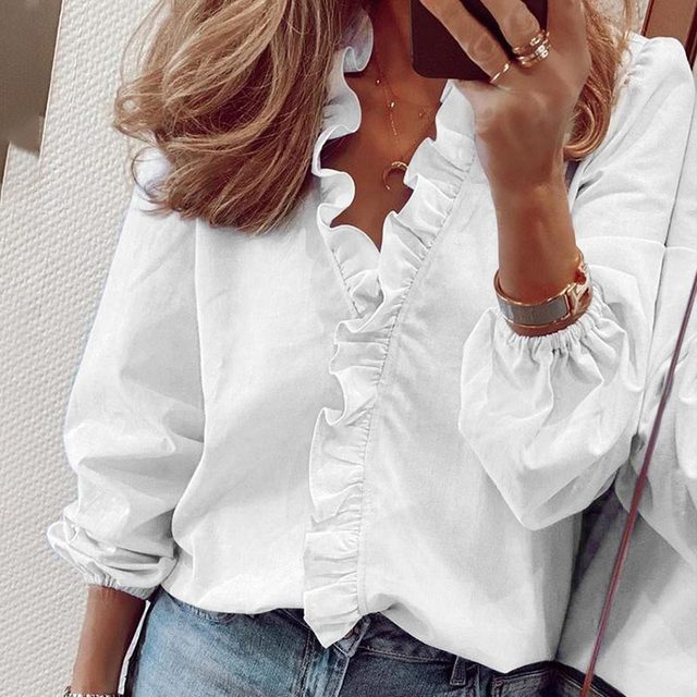 Elegant ruffle v-neck long-sleeve blouse