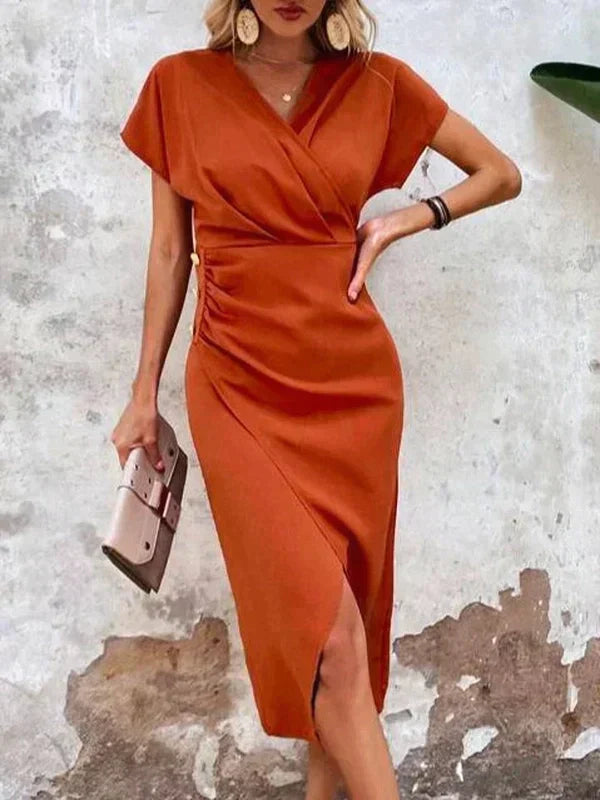 Orange v-neck midi dress