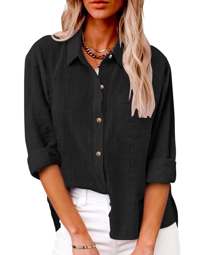 Classic Long-Sleeve Cotton Linen Blouse