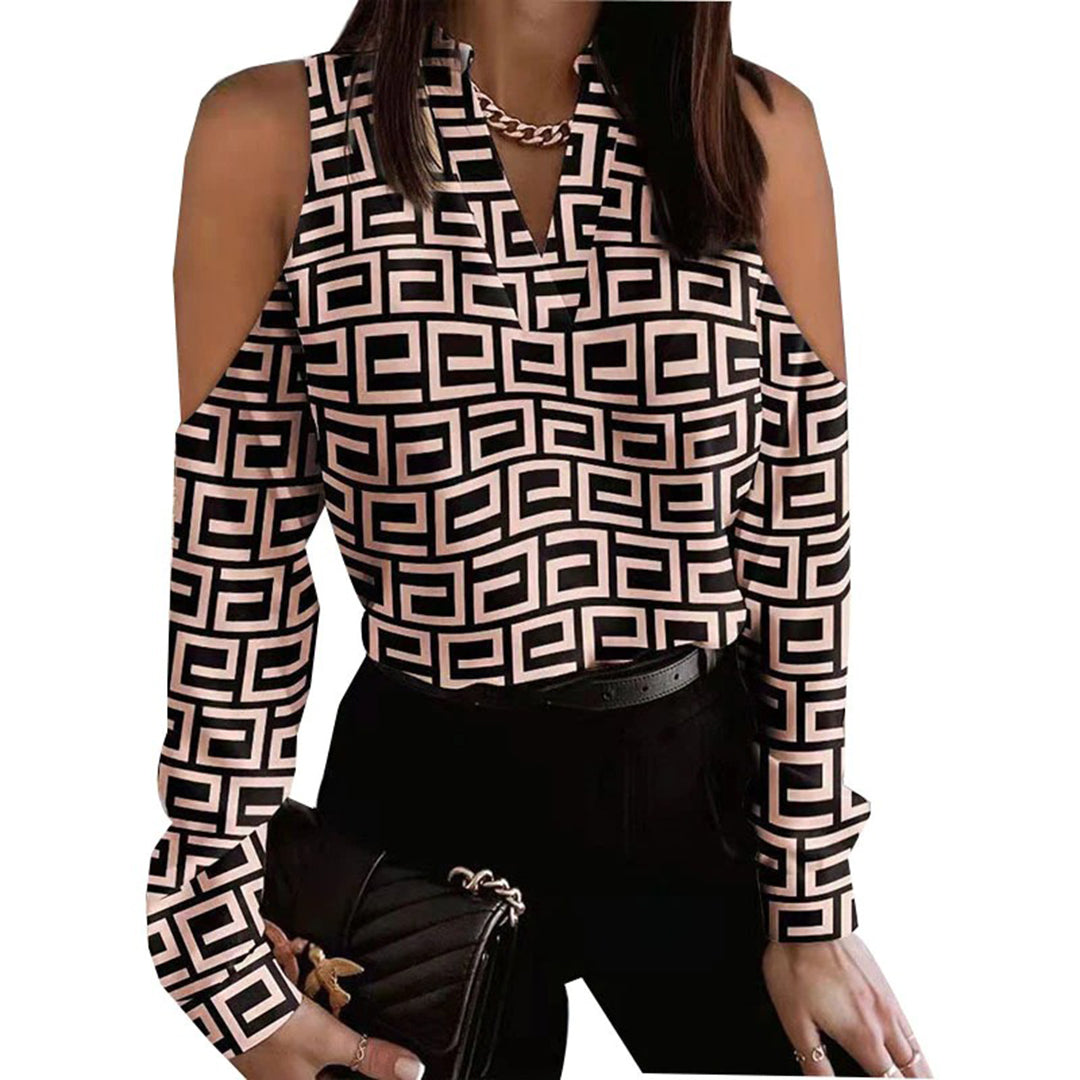 Elegant shoulder cutout blouse with stylish print design