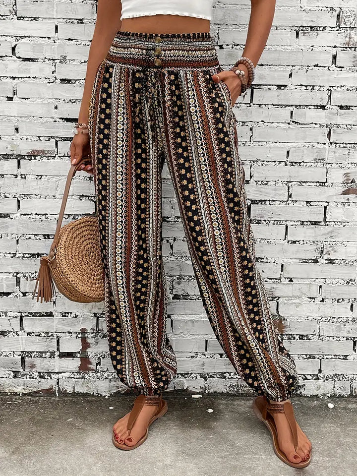 Boho ethnic graphic print trousers with smocked waist