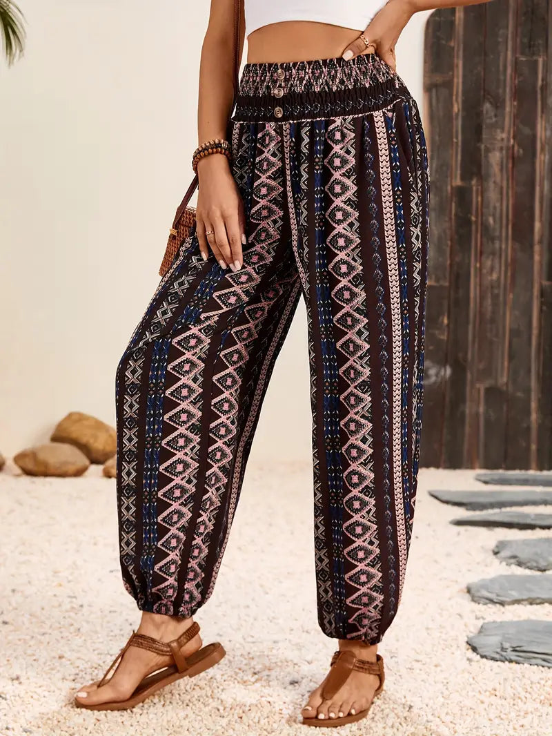 Boho ethnic graphic print trousers with smocked waist