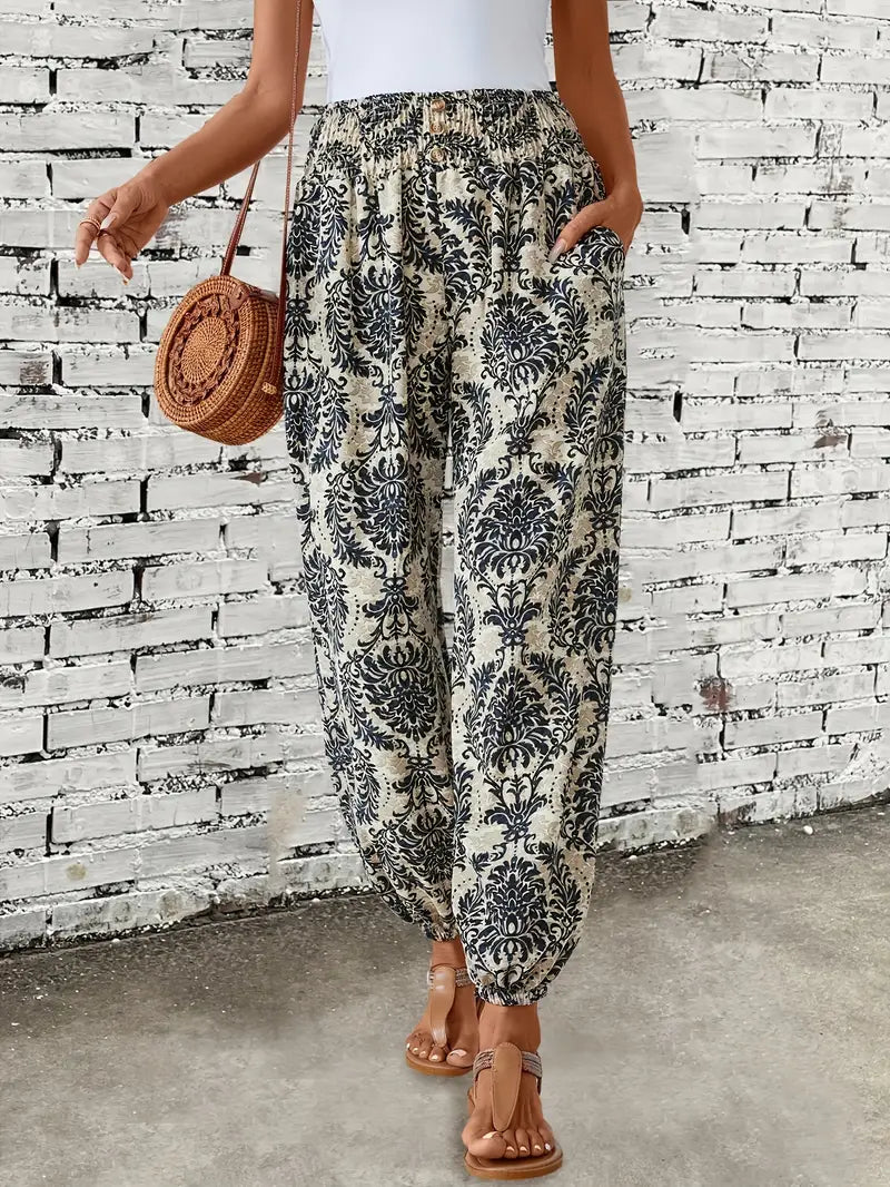 Boho ethnic graphic print trousers with smocked waist