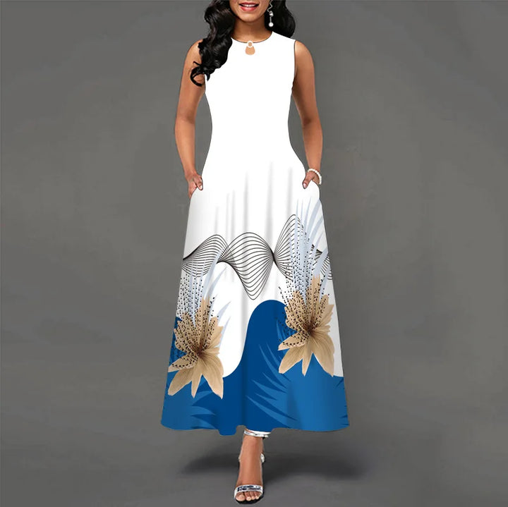 Elegant sleeveless maxi dress with vibrant prints