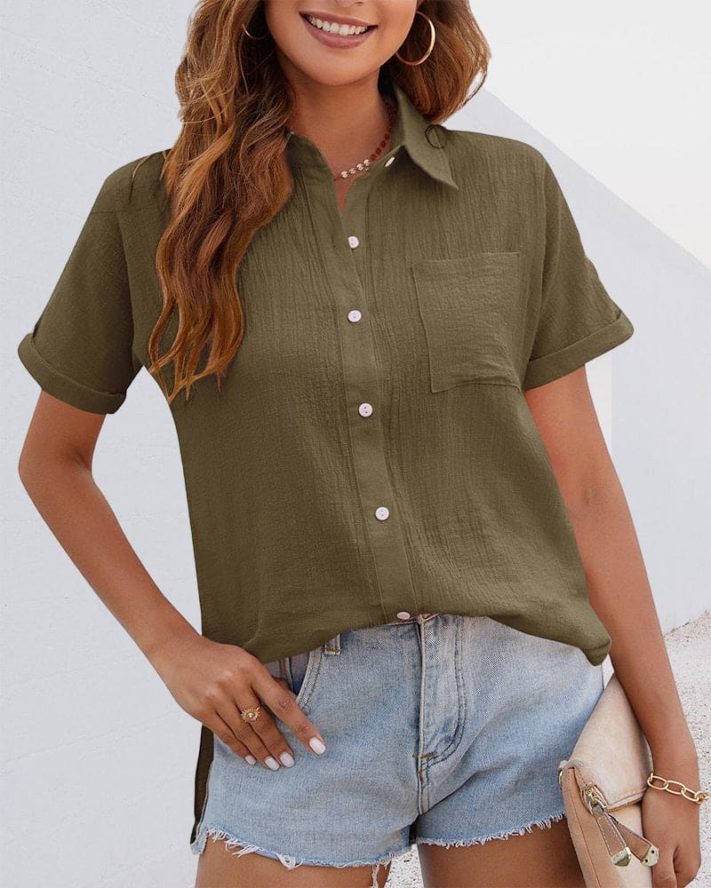 Breathable button-down short-sleeve top