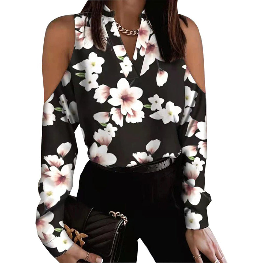 Elegant shoulder cutout blouse with stylish print design