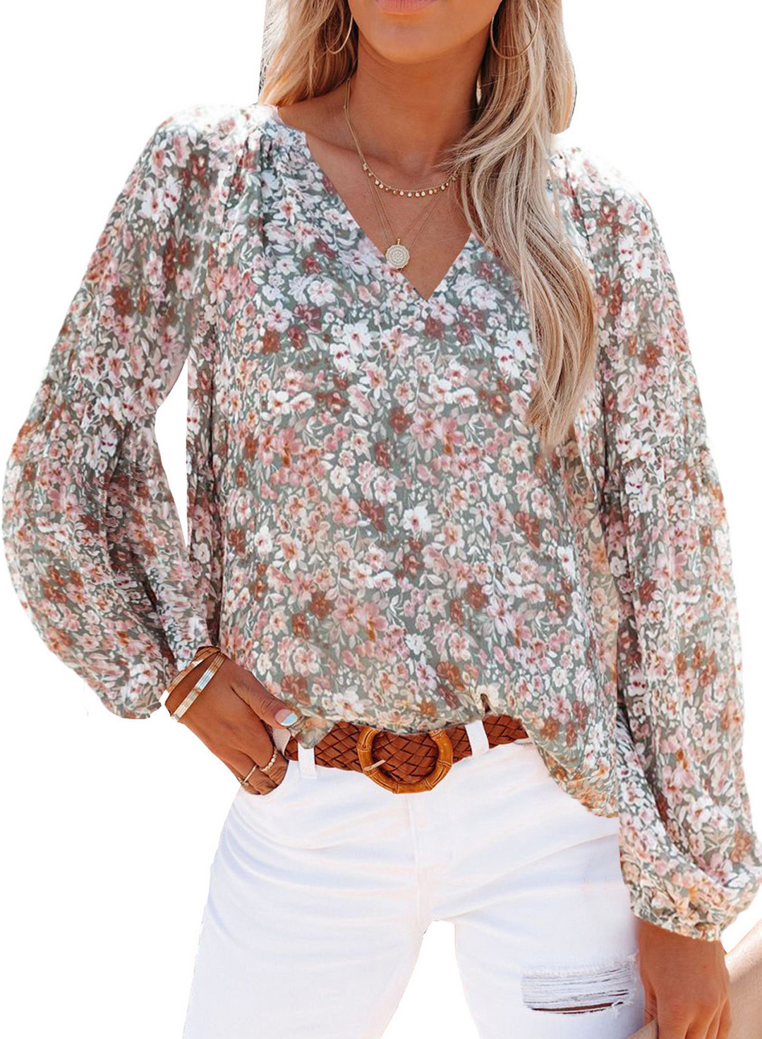 V-neck blouse with long sleeves and elastic cuffs