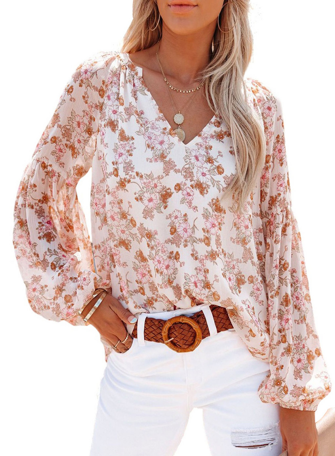 V-neck blouse with long sleeves and elastic cuffs