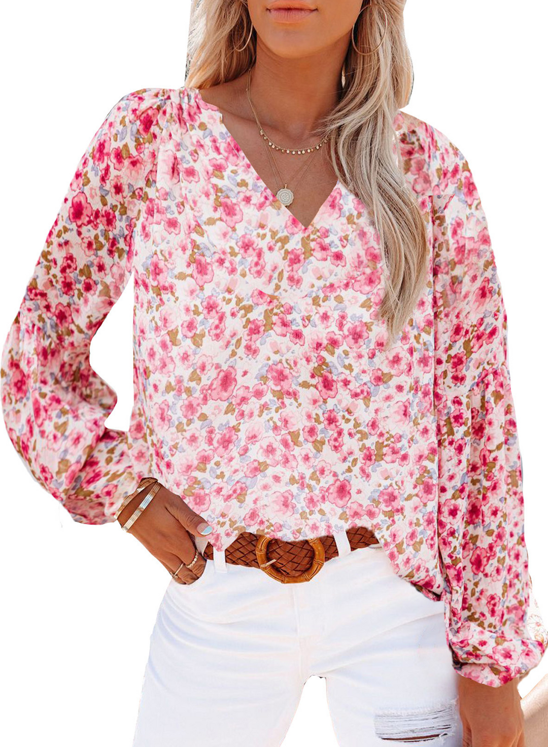 V-neck blouse with long sleeves and elastic cuffs