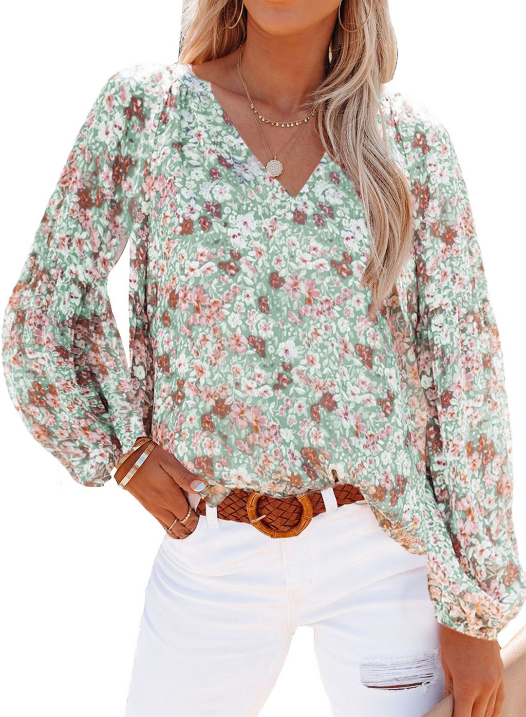 V-neck blouse with long sleeves and elastic cuffs