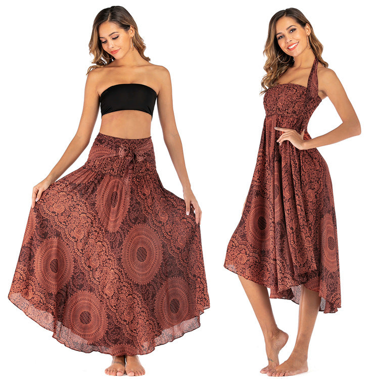 Flowing boho maxi skirt with artistic prints