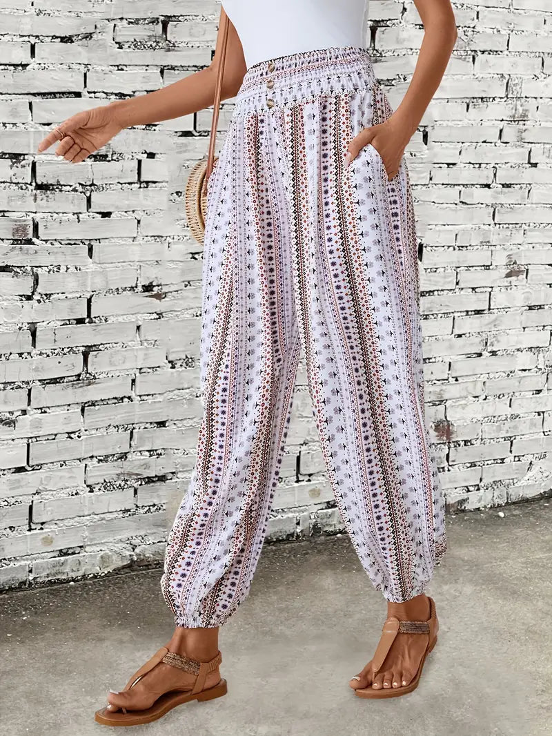 Boho ethnic graphic print trousers with smocked waist