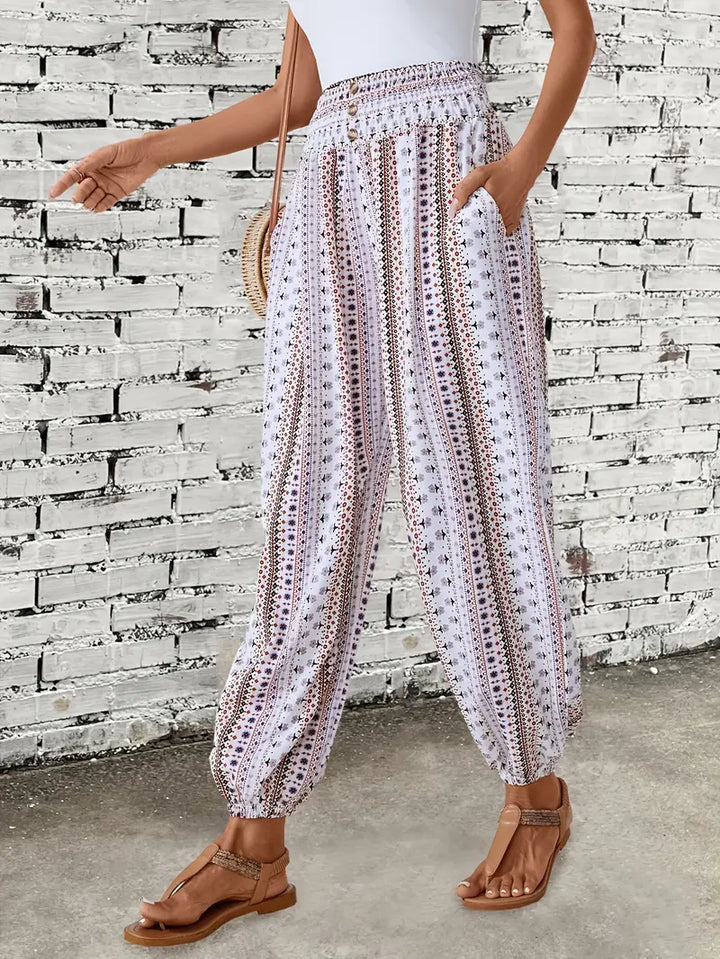 Boho ethnic graphic print trousers with smocked waist