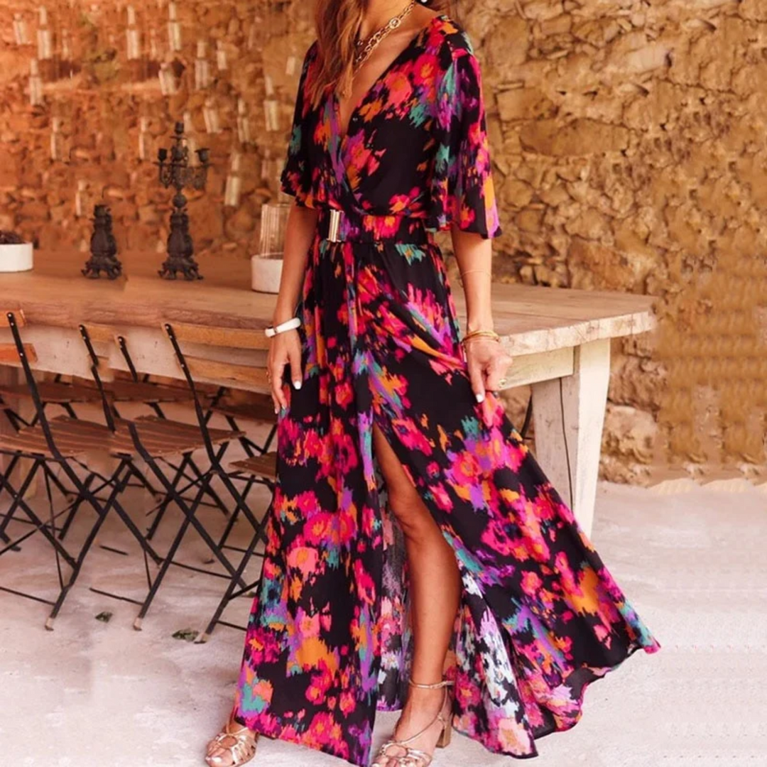 Long maxi wrap dress with floral print