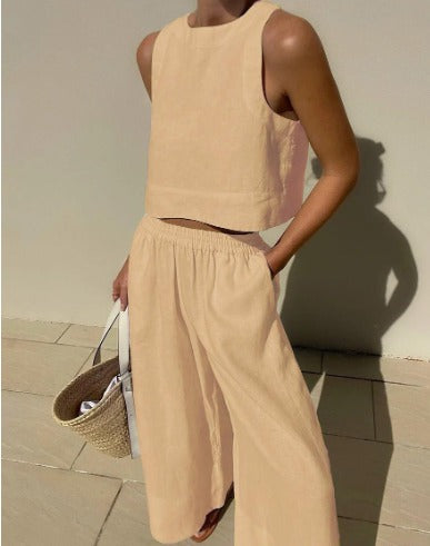 Sleeveless crop top and wide-leg trousers