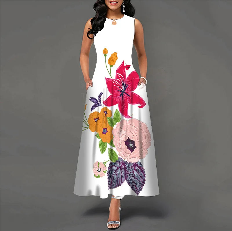 Elegant sleeveless maxi dress with vibrant prints