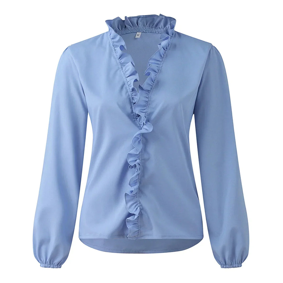 Elegant ruffle v-neck long-sleeve blouse