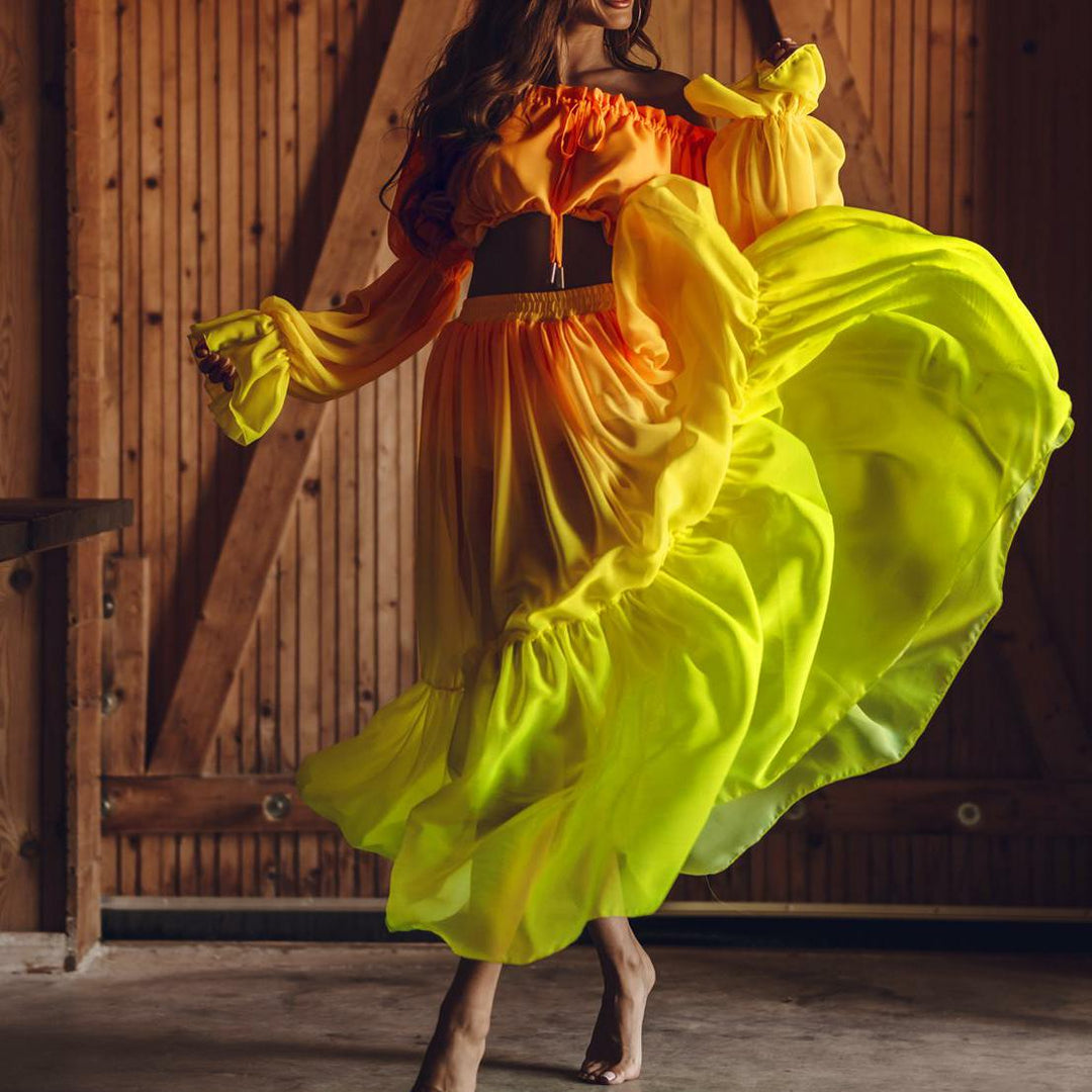 Colorful set with off-shoulder top with wide sleeves and maxi skirt