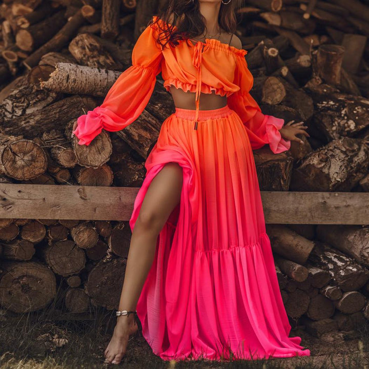 Colorful set with off-shoulder top with wide sleeves and maxi skirt