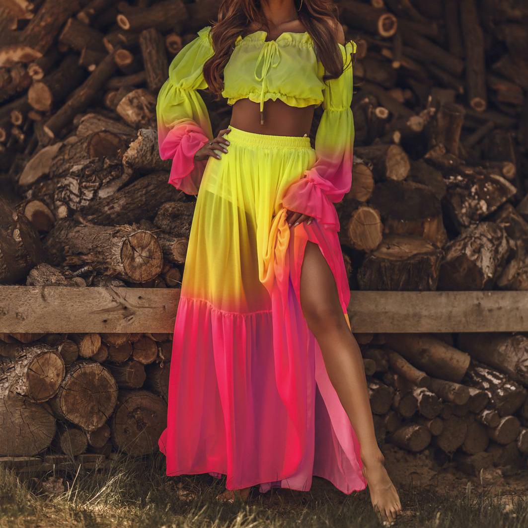 Colorful set with off-shoulder top with wide sleeves and maxi skirt