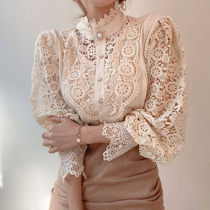 Elegant lace-embroidered tunic blouse