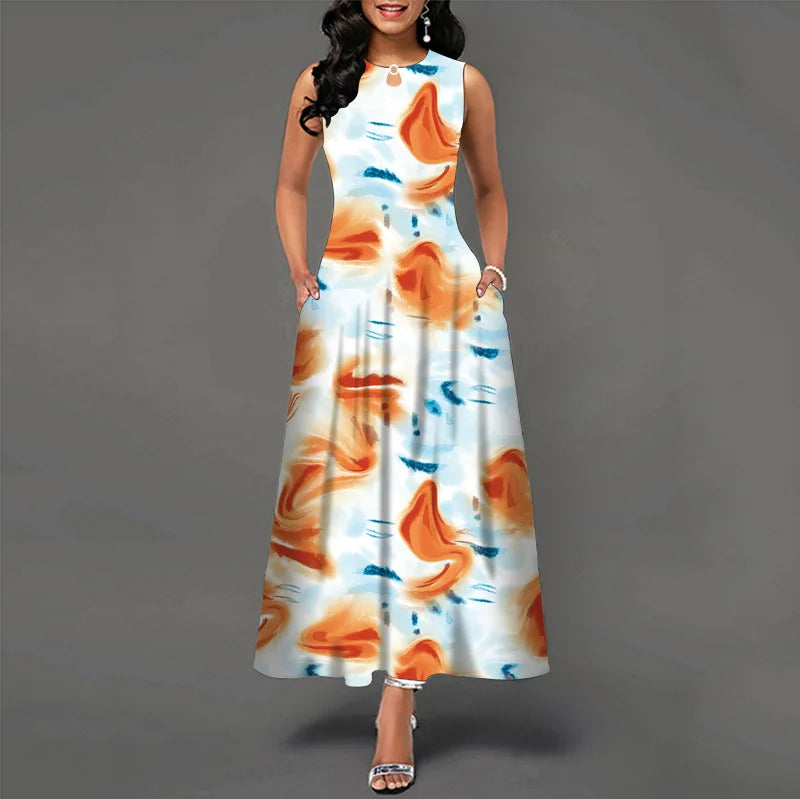 Elegant sleeveless maxi dress with vibrant prints