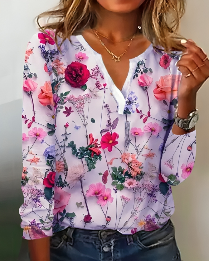 Women's floral v-neck long-sleeve blouse