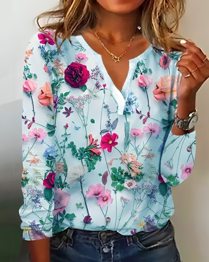 Women's floral v-neck long-sleeve blouse