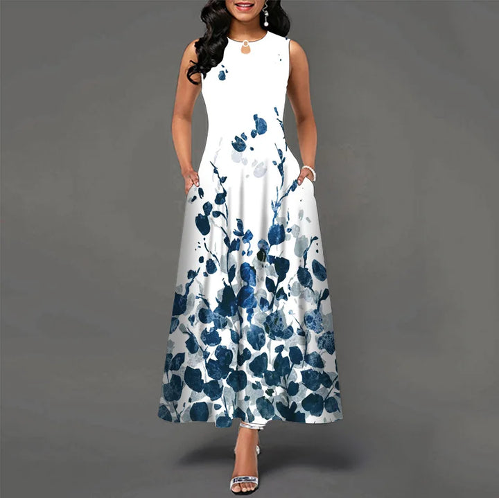 Elegant sleeveless maxi dress with vibrant prints