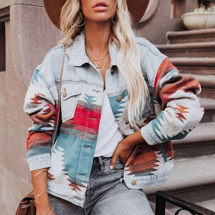 Retro-style denim jacket with colorful geometric details