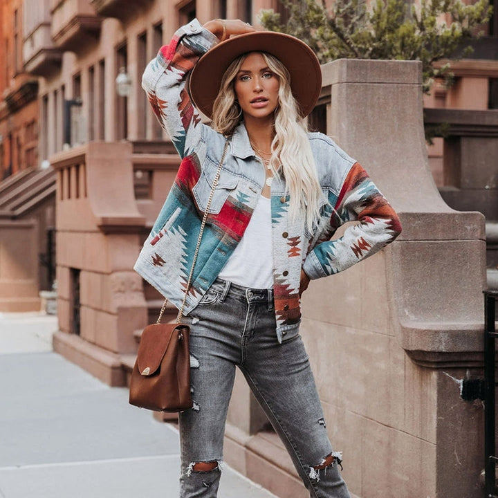 Retro-style denim jacket with colorful geometric details