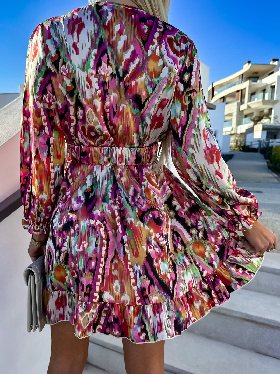 Long sleeve wrap dress with print