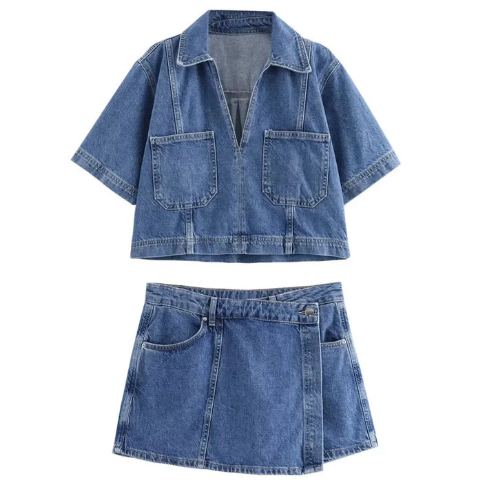 Denim cropped top and skirt co-ord set