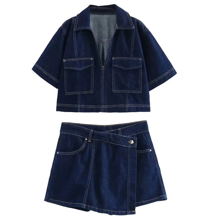 Denim cropped top and skirt co-ord set