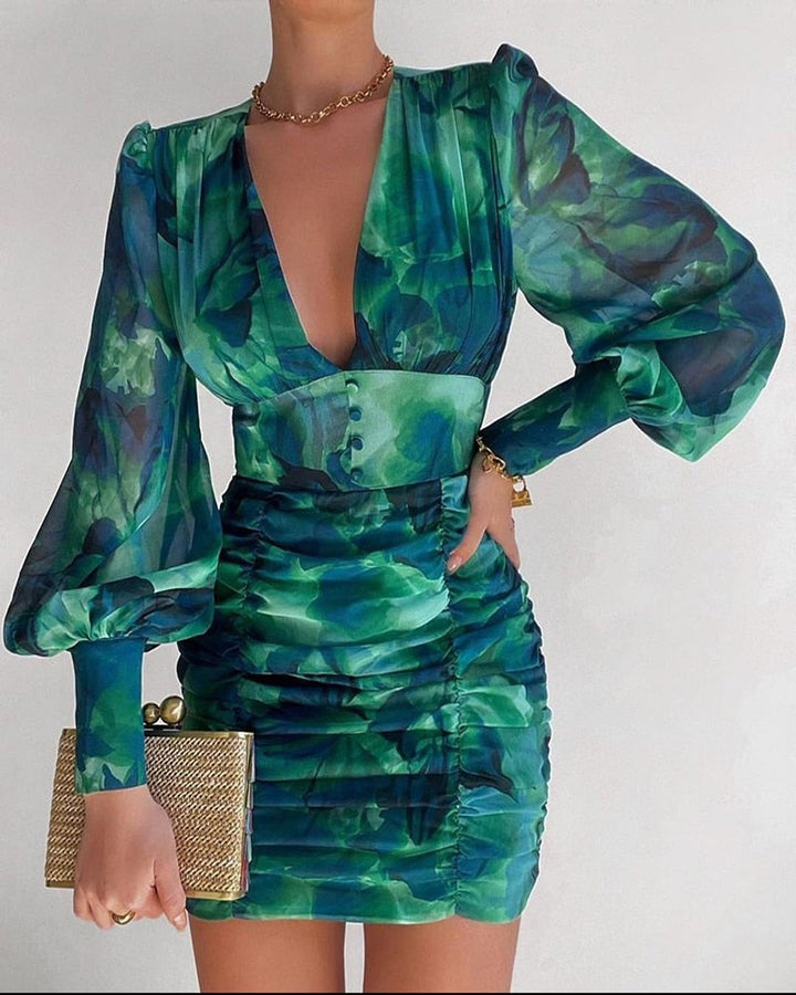 Printed dress with low V-neck