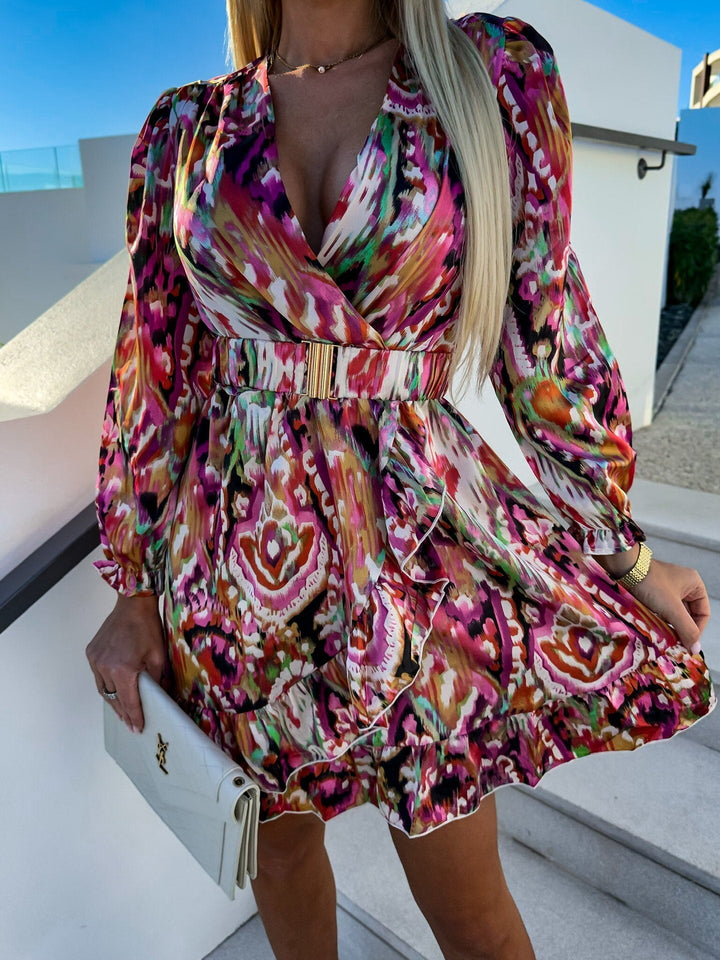 Long sleeve wrap dress with print