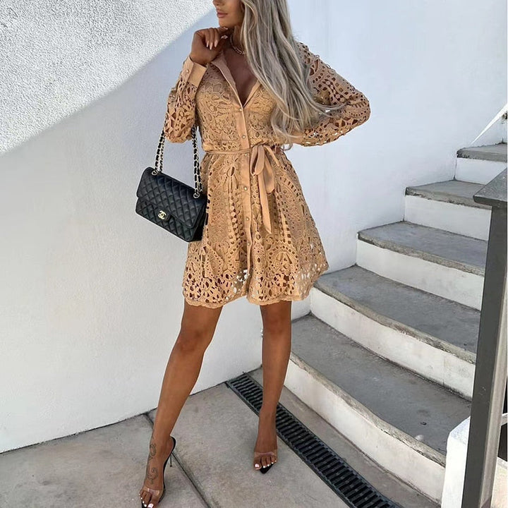 Lace midi dress with sleeve and tie