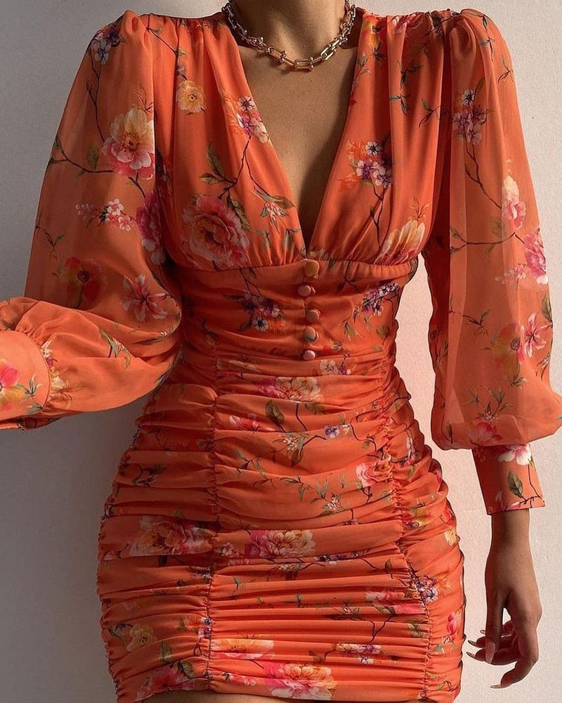 Printed dress with low V-neck