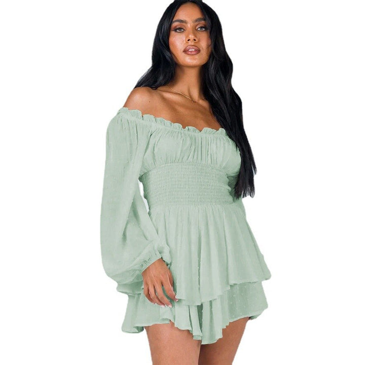 Elegant off-shoulder playsuit with puff sleeves and ruffles