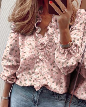 Elegant ruffle v-neck long-sleeve blouse