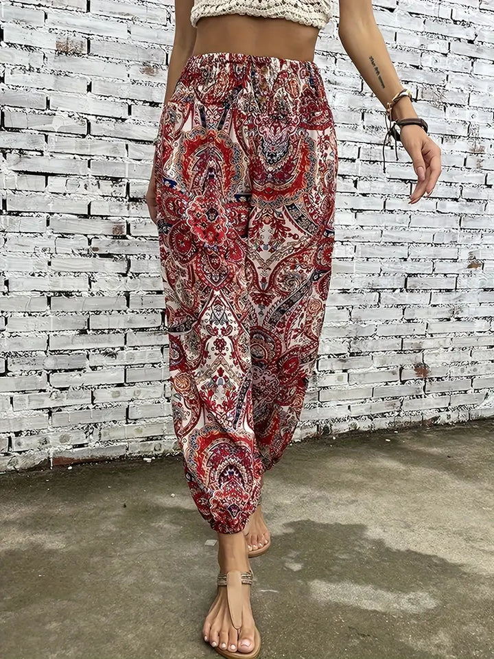 Boho ethnic graphic print trousers with smocked waist