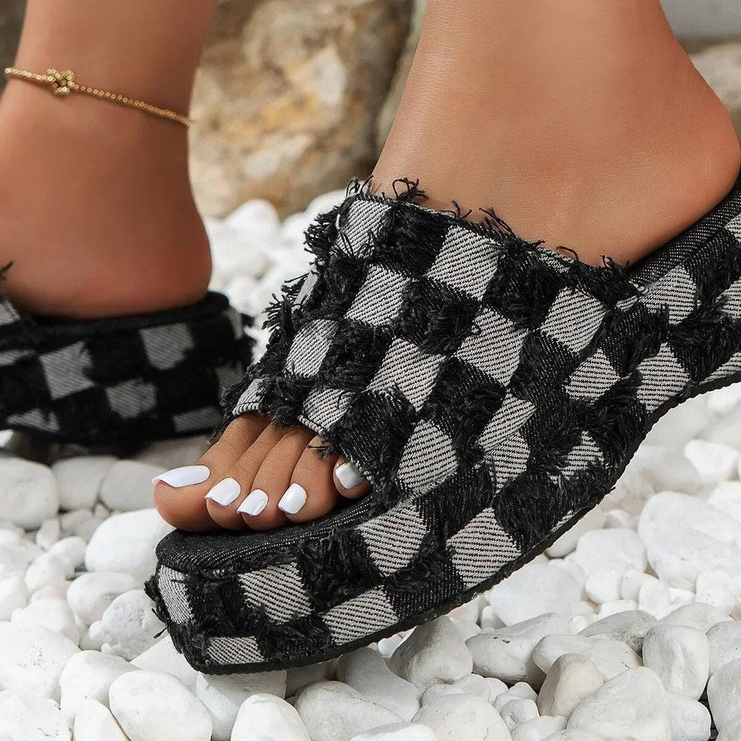 Gorgeous sandals with stylish denim check pattern