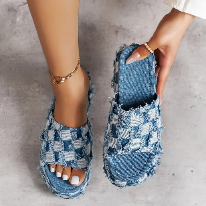 Gorgeous sandals with stylish denim check pattern