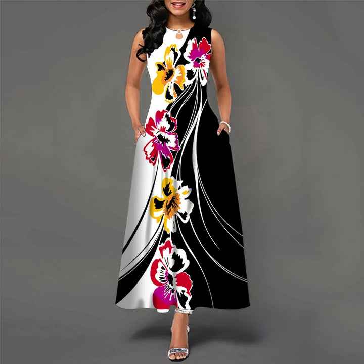 Elegant sleeveless maxi dress with vibrant prints