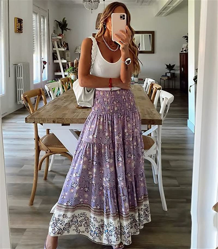 Bohemian maxi skirt with elastic waistlines