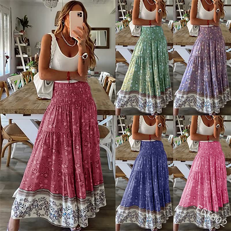 Bohemian maxi skirt with elastic waistlines