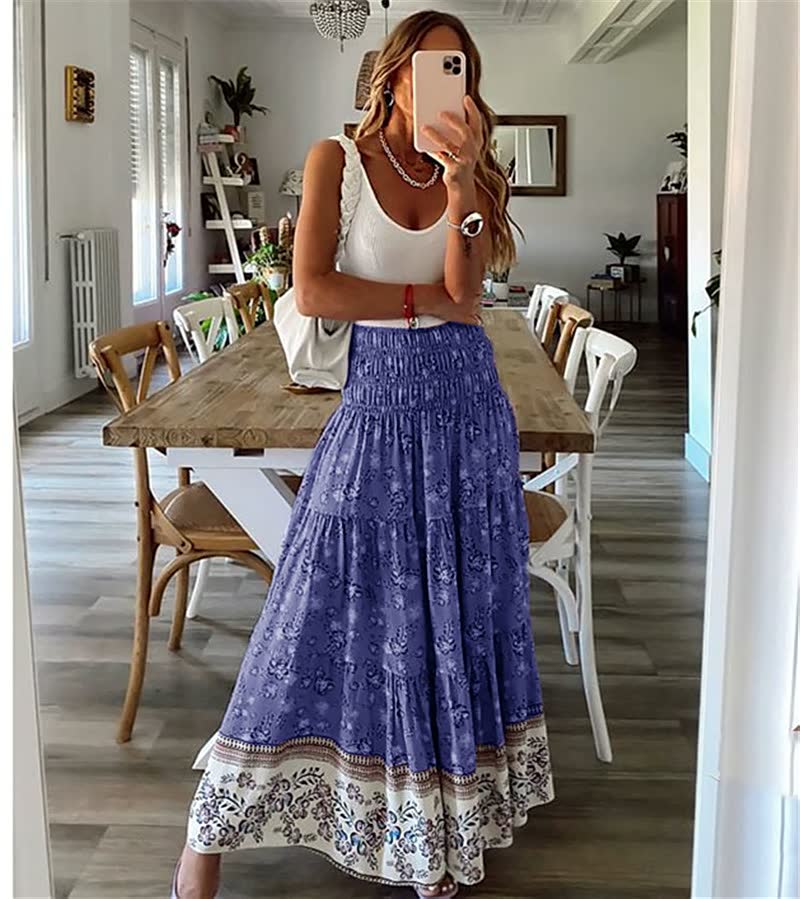 Bohemian maxi skirt with elastic waistlines