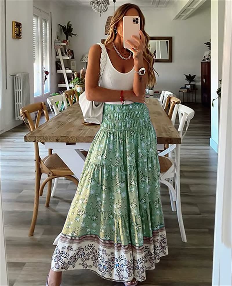 Bohemian maxi skirt with elastic waistlines